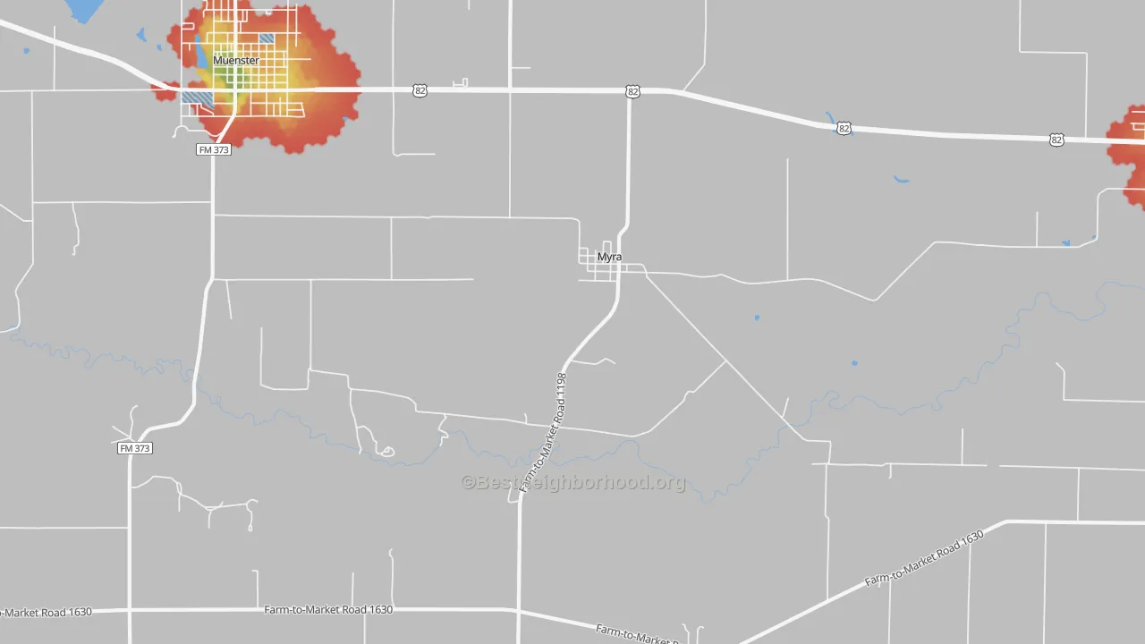 Walk Grade map of Myra, TX, walkable areas in green and car-dependent areas in red