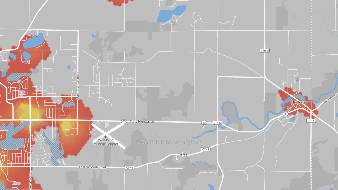 Walk Grade map of Myra, WI, walkable areas in green and car-dependent areas in red