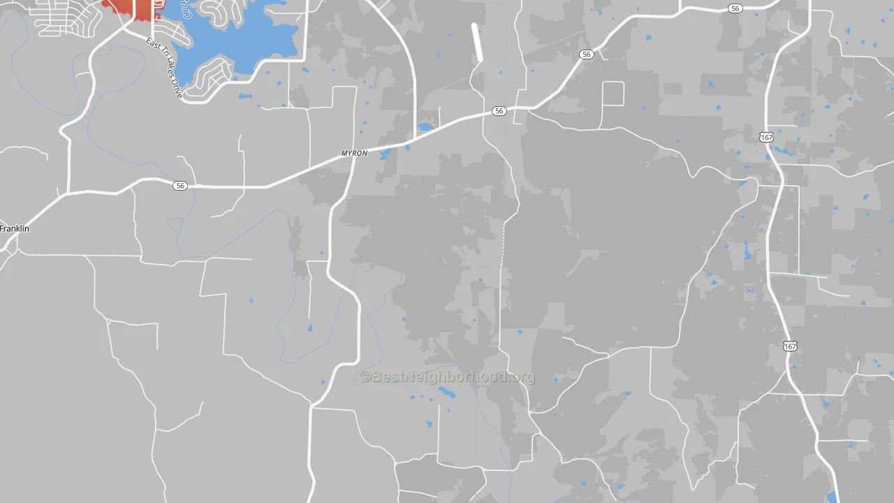 Walk Grade map of Myron, AR, walkable areas in green and car-dependent areas in red