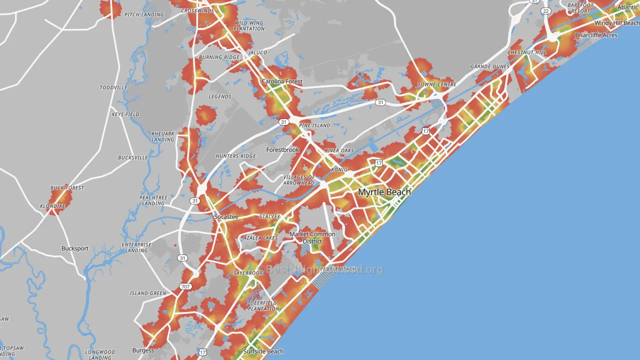 Walk Grade map of Myrtle Beach, SC, walkable areas in green and car-dependent areas in red