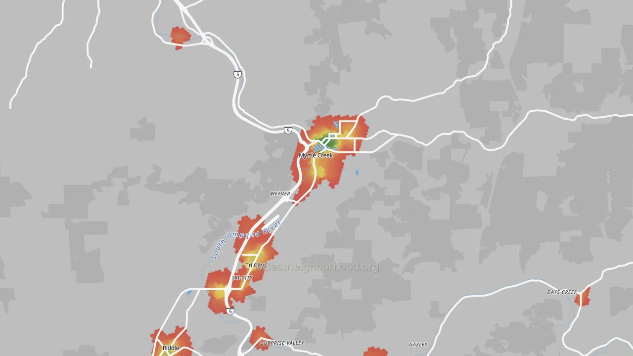 Walk Grade map of Myrtle Creek, OR, walkable areas in green and car-dependent areas in red