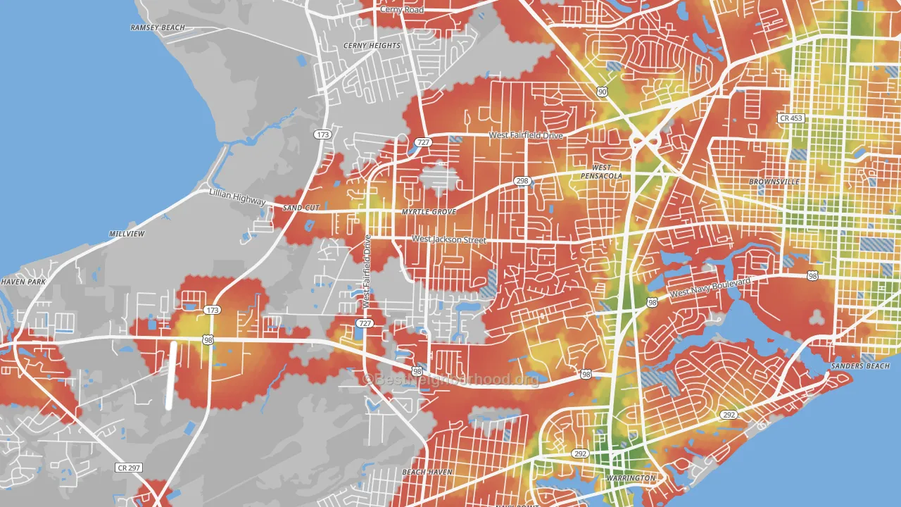 Walk Grade map of Myrtle Grove, FL, walkable areas in green and car-dependent areas in red