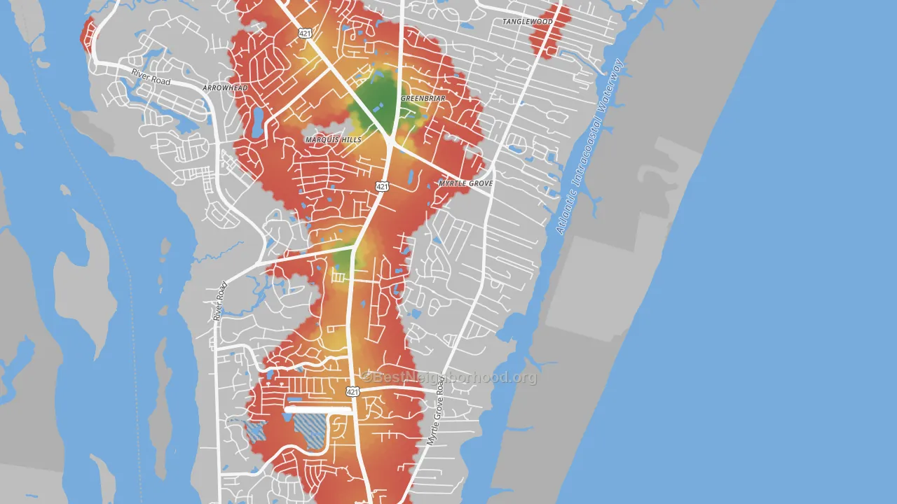 Walk Grade map of Myrtle Grove, NC, walkable areas in green and car-dependent areas in red