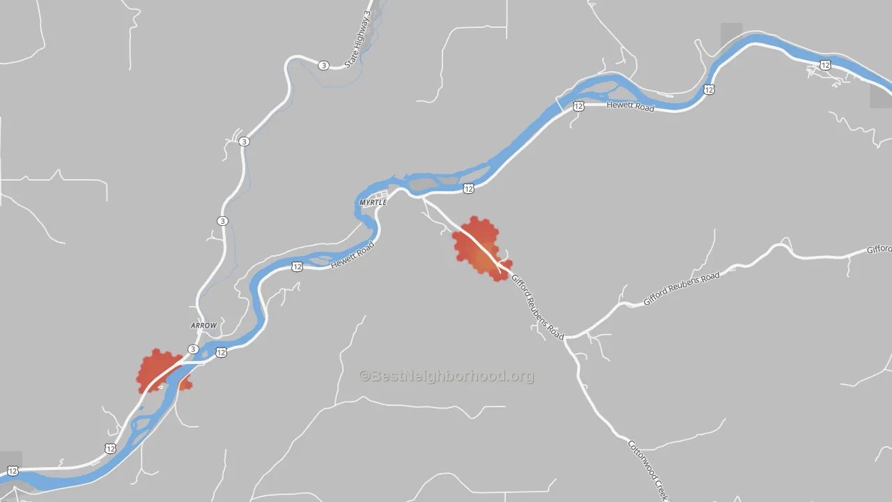 Walk Grade map of Myrtle, ID, walkable areas in green and car-dependent areas in red