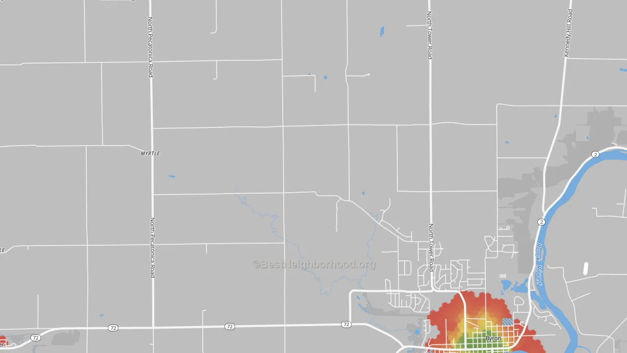 Walk Grade map of Myrtle, IL, walkable areas in green and car-dependent areas in red