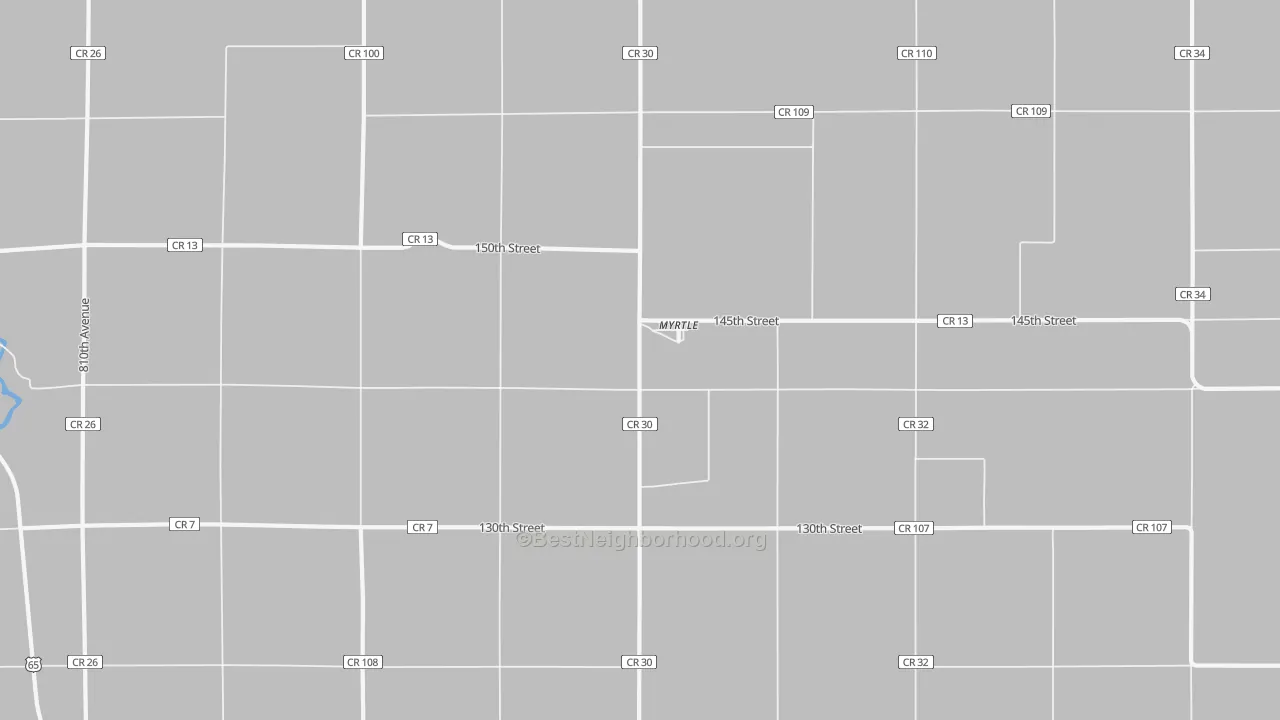 Walk Grade map of Myrtle, MN, walkable areas in green and car-dependent areas in red