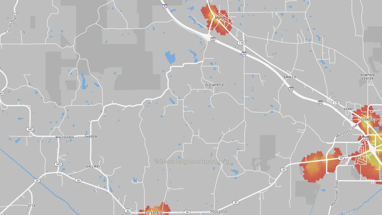 Walk Grade map of Myrtle, MS, walkable areas in green and car-dependent areas in red