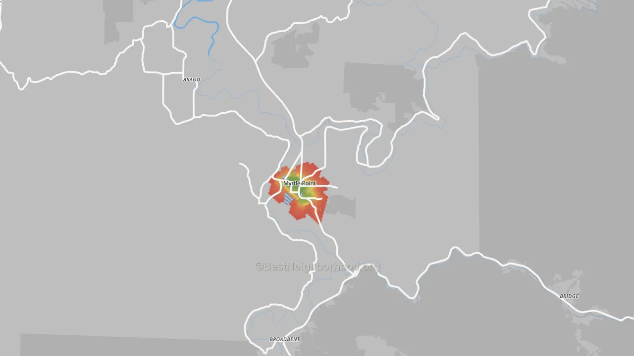 Walk Grade map of Myrtle Point, OR, walkable areas in green and car-dependent areas in red