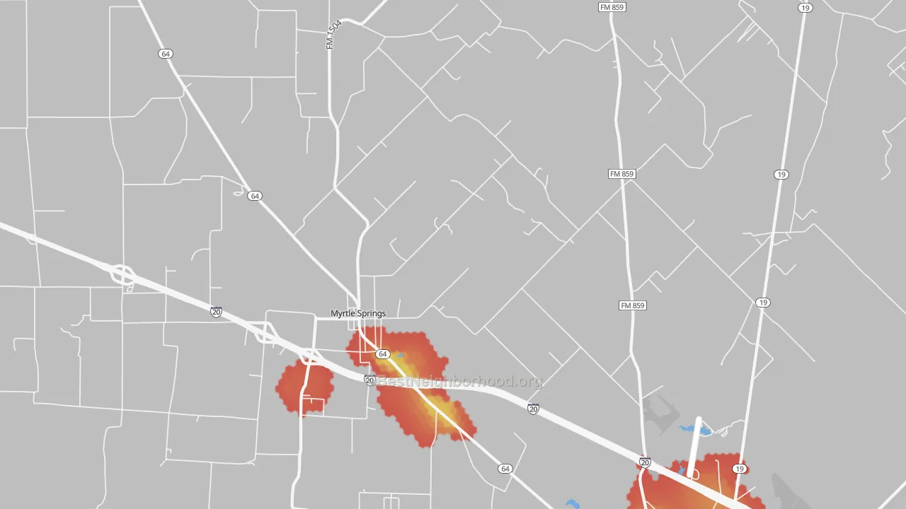 Walk Grade map of Myrtle Springs, TX, walkable areas in green and car-dependent areas in red