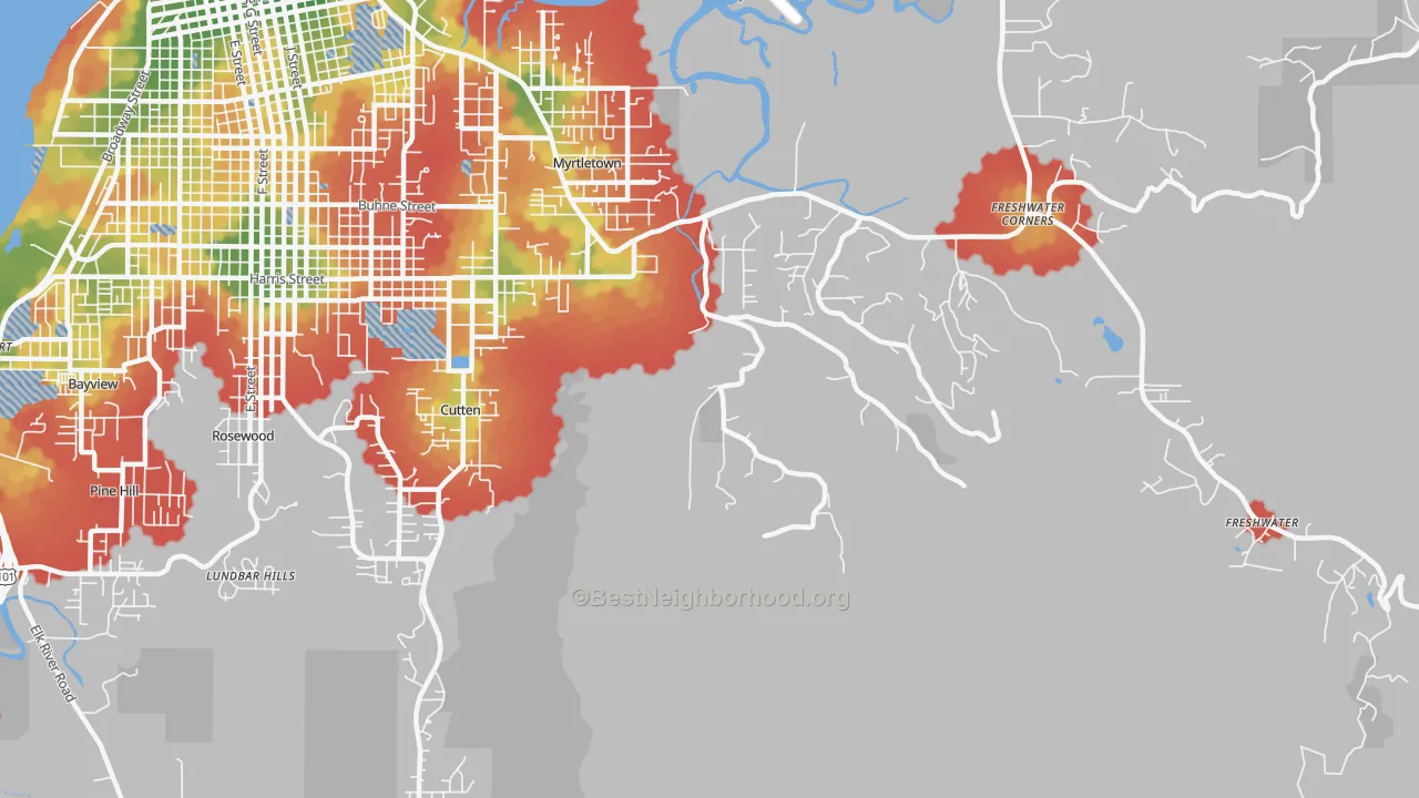 Walk Grade map of Myrtletown, CA, walkable areas in green and car-dependent areas in red