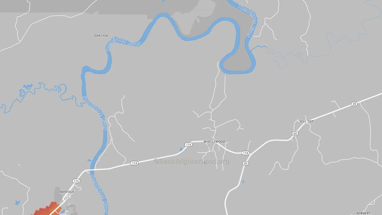 Walk Grade map of Myrtlewood, AL, walkable areas in green and car-dependent areas in red