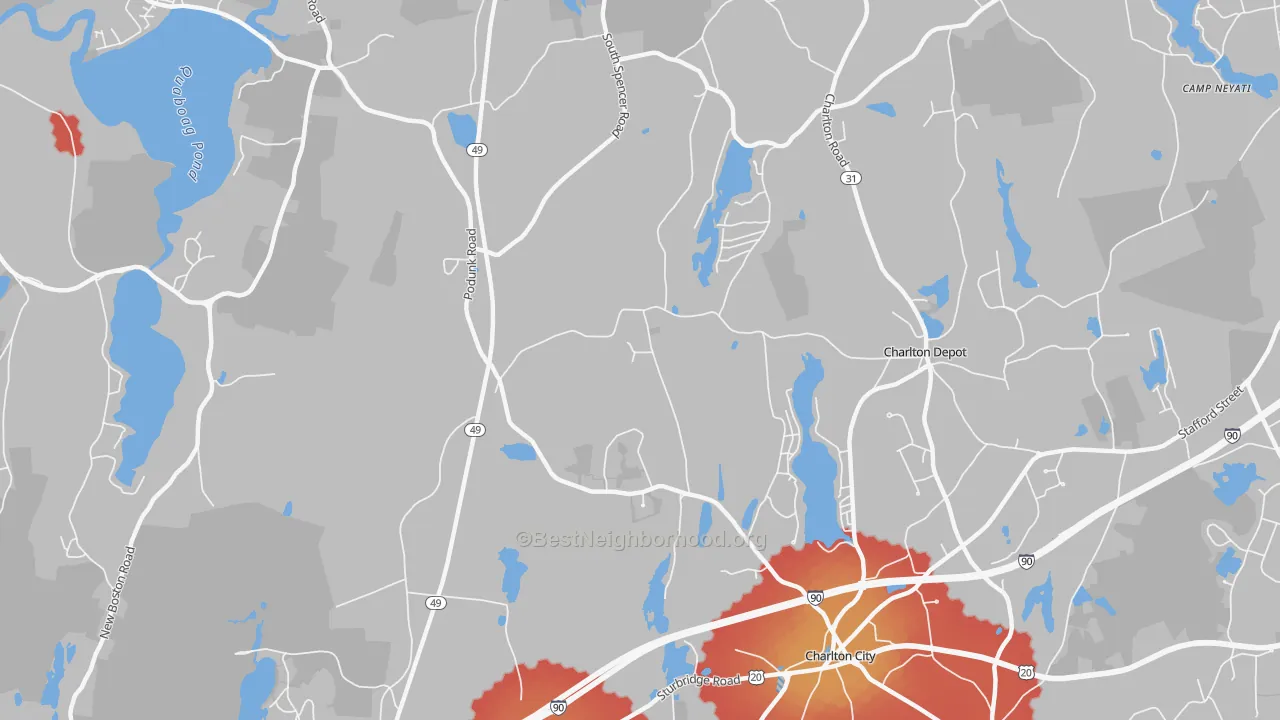 Walk Grade map of Mystic Grove, MA, walkable areas in green and car-dependent areas in red