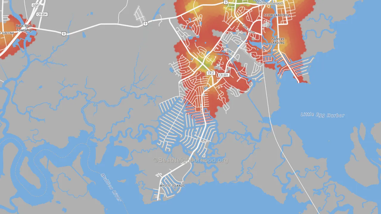 Walk Grade map of Mystic Island, NJ, walkable areas in green and car-dependent areas in red