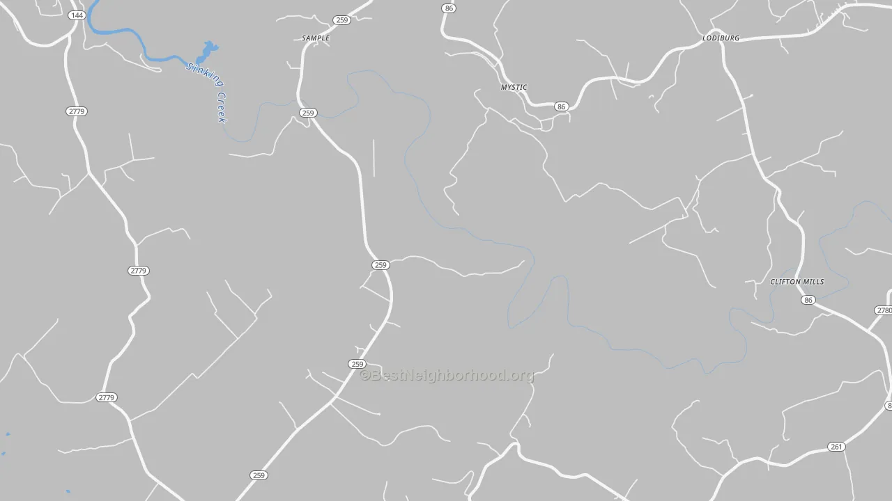 Walk Grade map of Mystic, KY, walkable areas in green and car-dependent areas in red