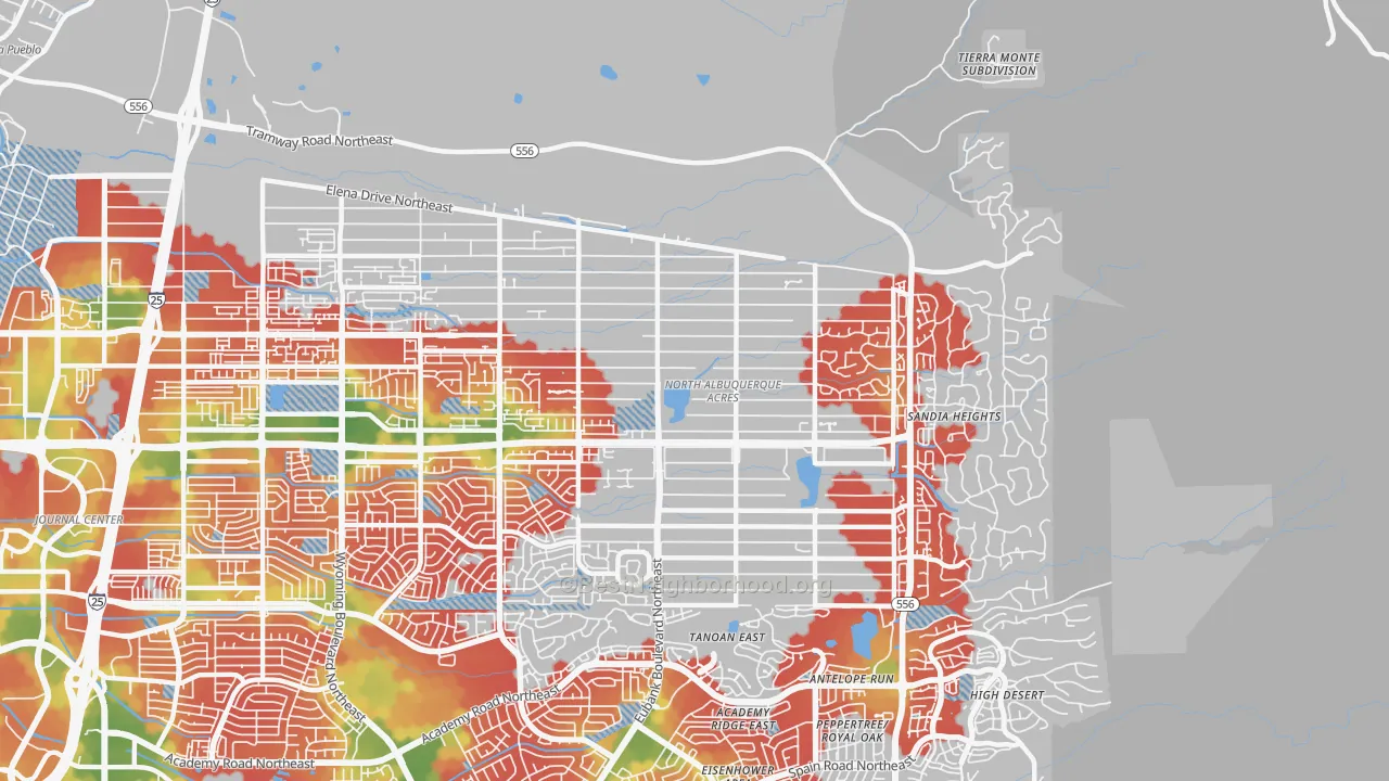 Walk Grade map of N Albuquerque Acres, Albuquerque, NM, walkable areas in green and car-dependent areas in red