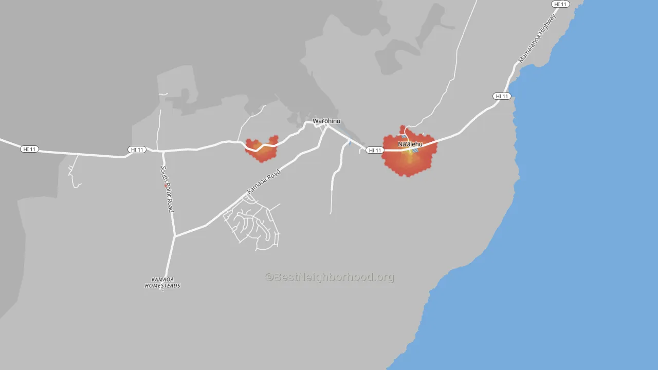 Walk Grade map of Naalehu, HI, walkable areas in green and car-dependent areas in red