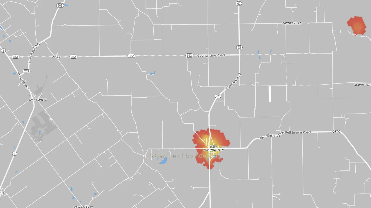 Walk Grade map of Nabb, IN, walkable areas in green and car-dependent areas in red