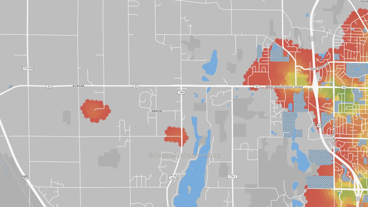 Walk Grade map of Nabob, WI, walkable areas in green and car-dependent areas in red