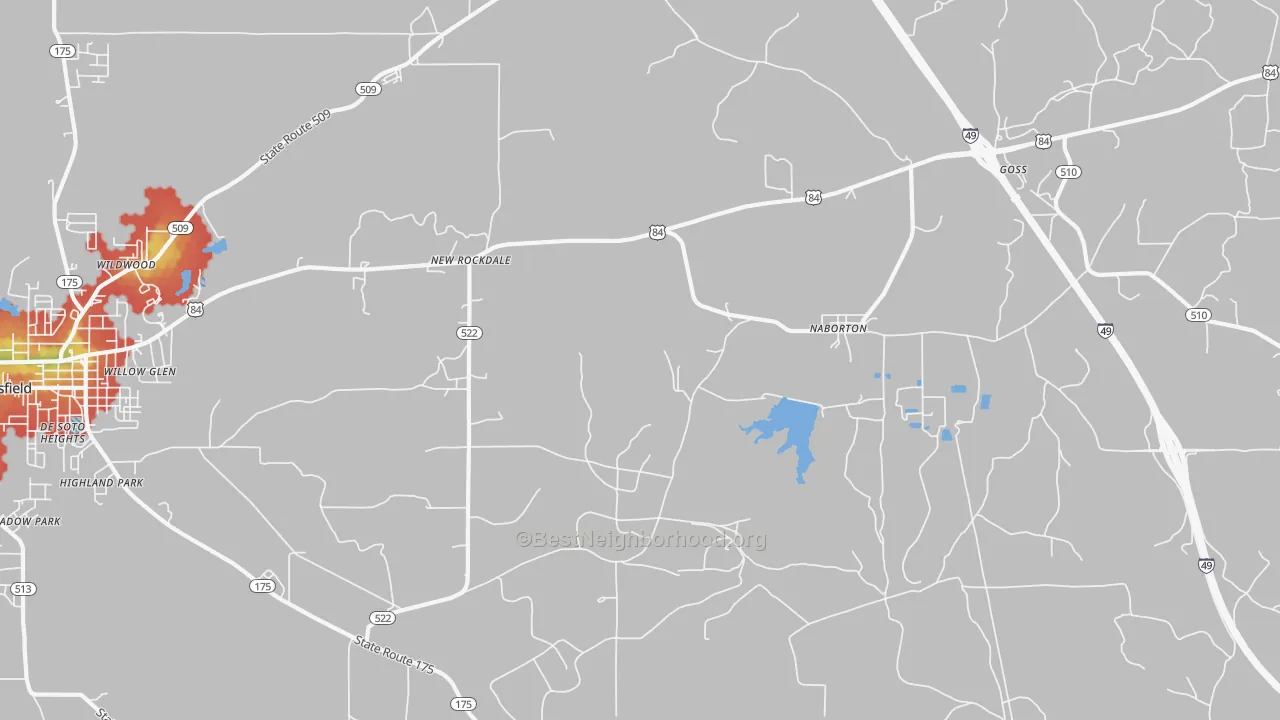 Walk Grade map of Naborton, LA, walkable areas in green and car-dependent areas in red