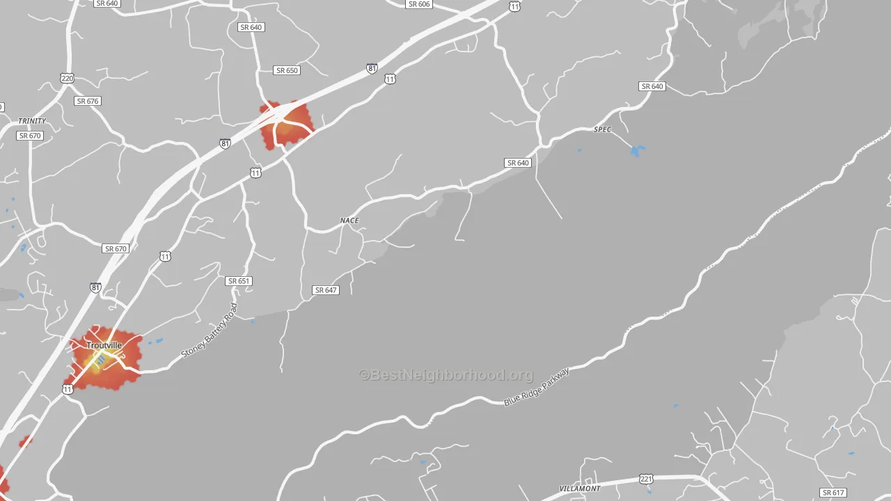 Walk Grade map of Nace, VA, walkable areas in green and car-dependent areas in red