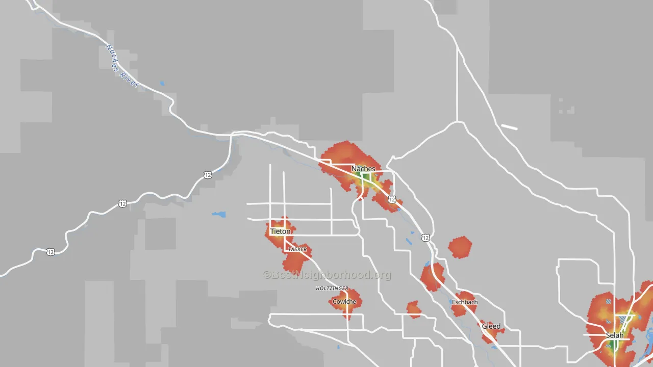 Walk Grade map of Naches, WA, walkable areas in green and car-dependent areas in red