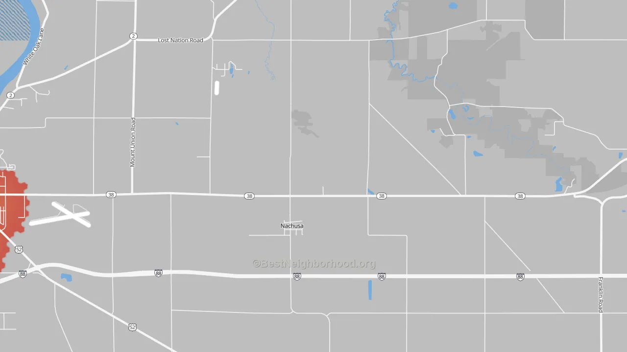 Walk Grade map of Nachusa, IL, walkable areas in green and car-dependent areas in red