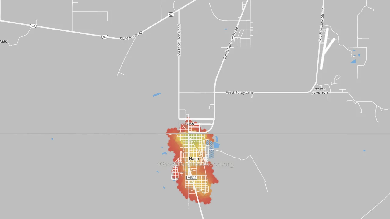 Walk Grade map of Naco, AZ, walkable areas in green and car-dependent areas in red