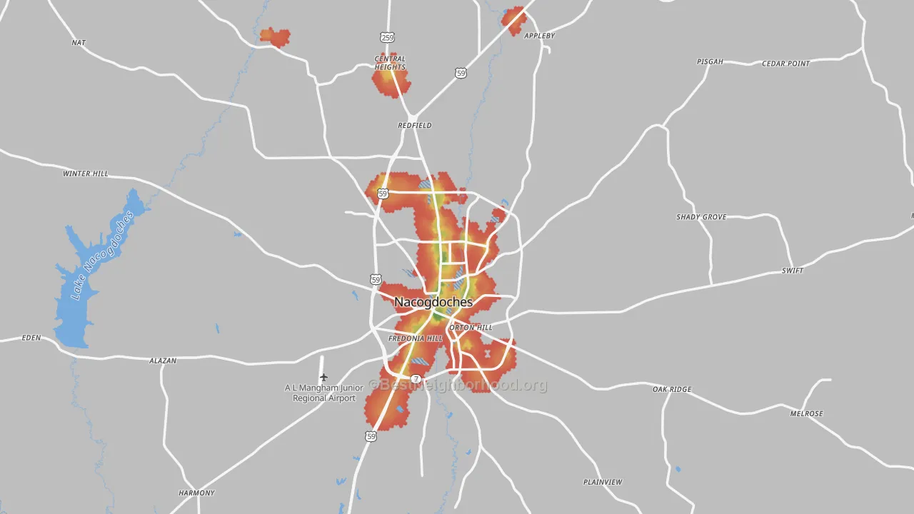 Walk Grade map of Nacogdoches County, TX, walkable areas in green and car-dependent areas in red