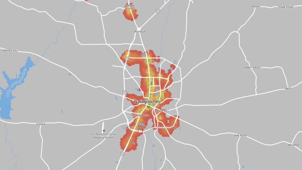 Walk Grade map of Nacogdoches, TX, walkable areas in green and car-dependent areas in red