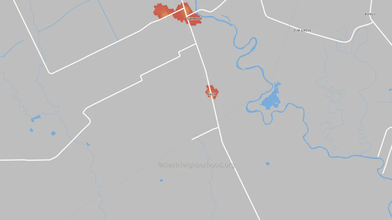 Walk Grade map of Nada, TX, walkable areas in green and car-dependent areas in red