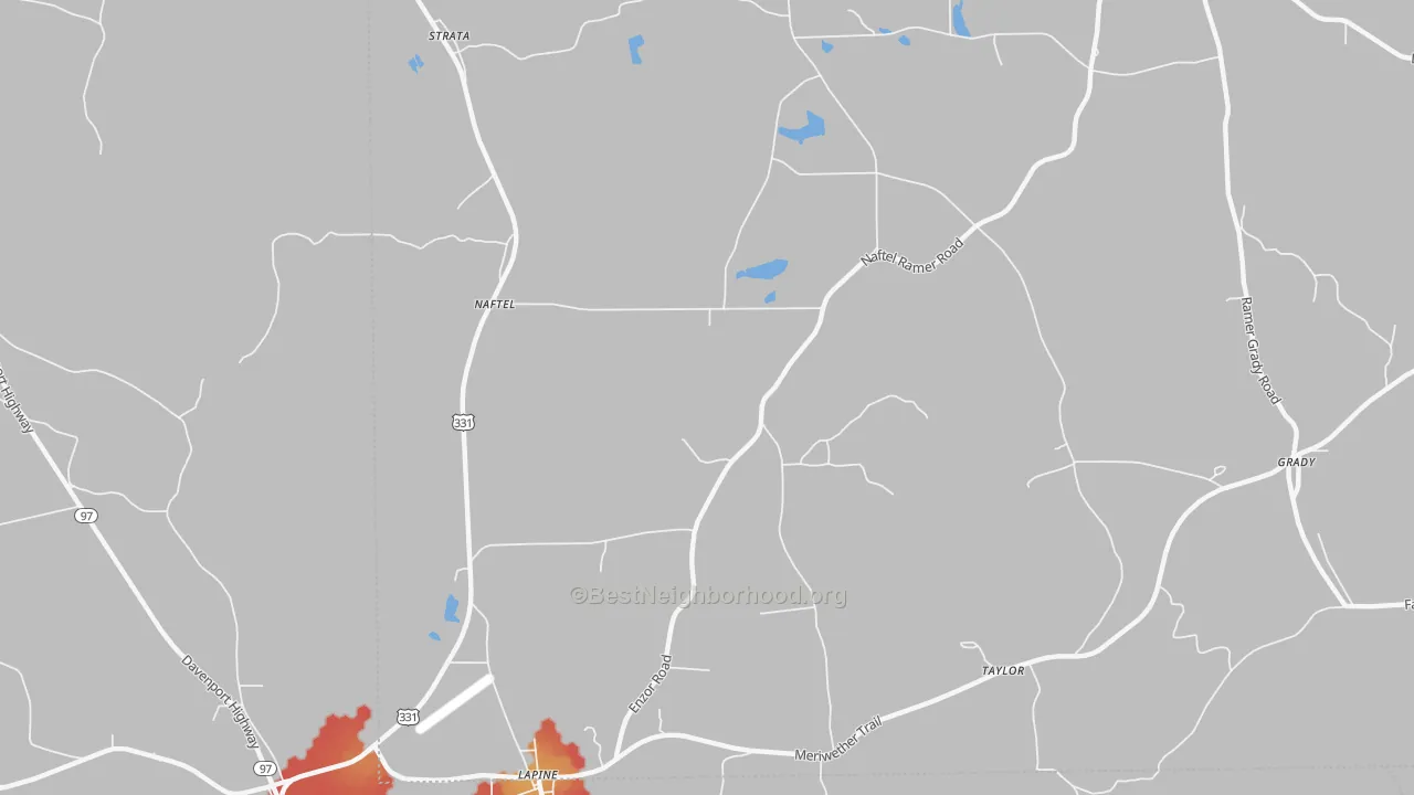 Walk Grade map of Naftel, AL, walkable areas in green and car-dependent areas in red