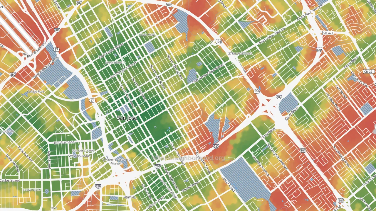 Walk Grade map of Naglee Park, San Jose, CA, walkable areas in green and car-dependent areas in red