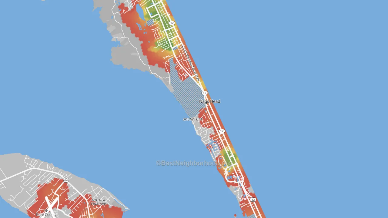 Walk Grade map of Nags Head, NC, walkable areas in green and car-dependent areas in red