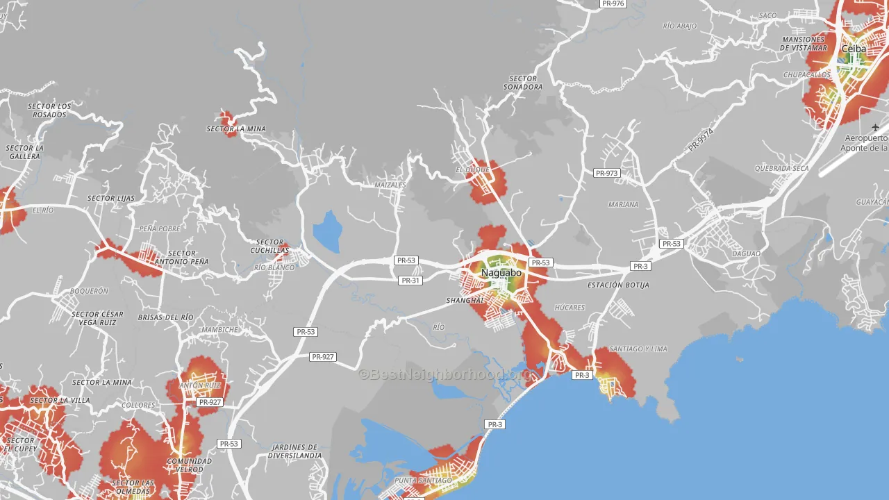 Walk Grade map of Naguabo Municipio, PR, walkable areas in green and car-dependent areas in red