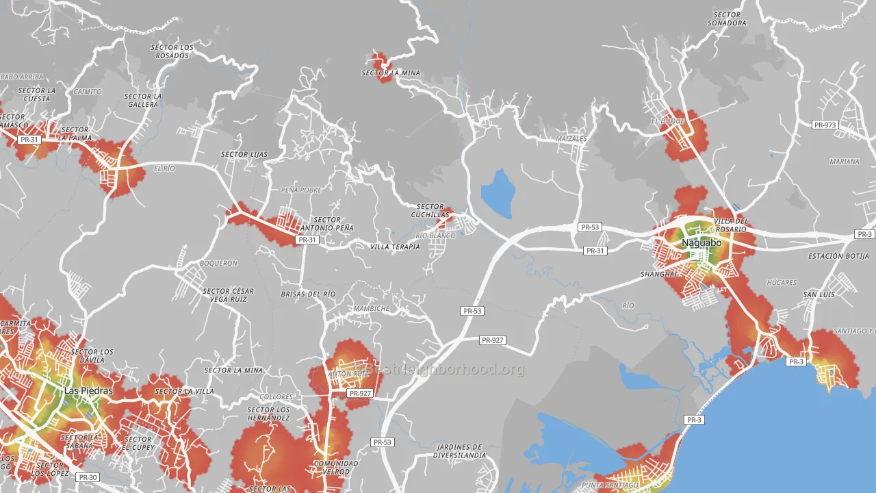 Walk Grade map of Naguabo, PR, walkable areas in green and car-dependent areas in red