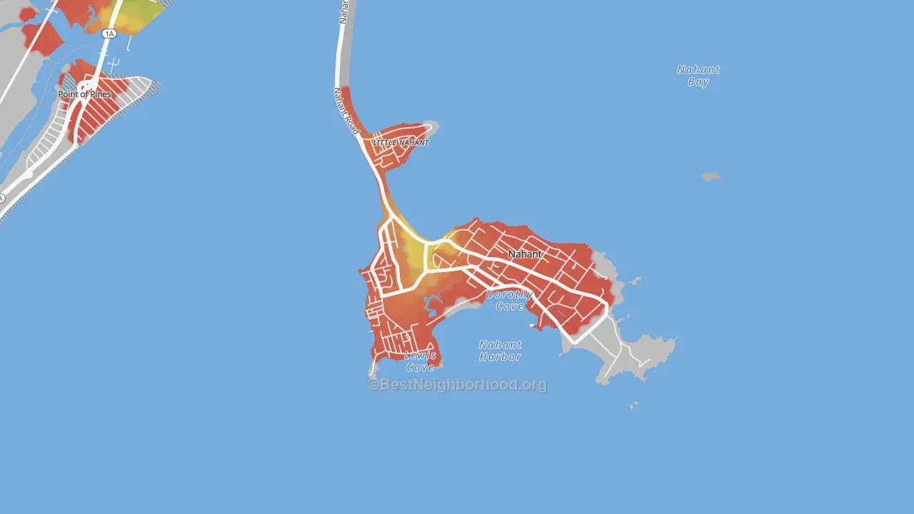Walk Grade map of Nahant, MA, walkable areas in green and car-dependent areas in red