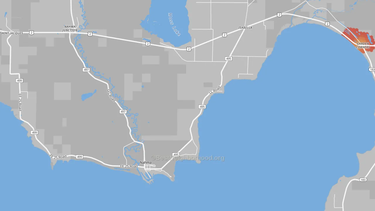 Walk Grade map of Nahma, MI, walkable areas in green and car-dependent areas in red