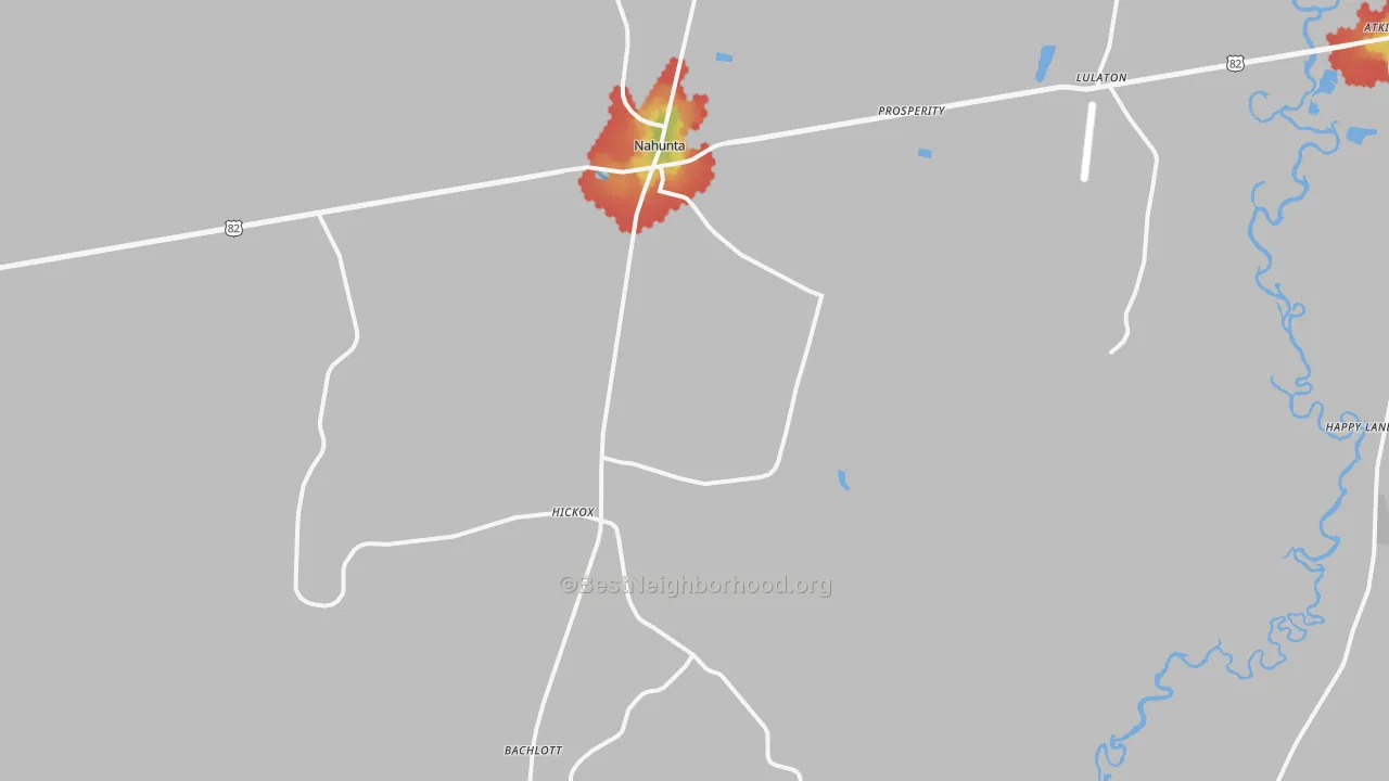Walk Grade map of Nahunta, GA, walkable areas in green and car-dependent areas in red