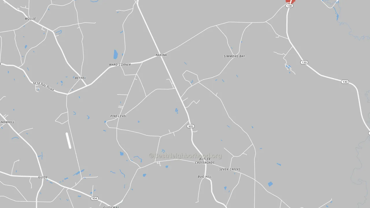 Walk Grade map of Nakina, NC, walkable areas in green and car-dependent areas in red