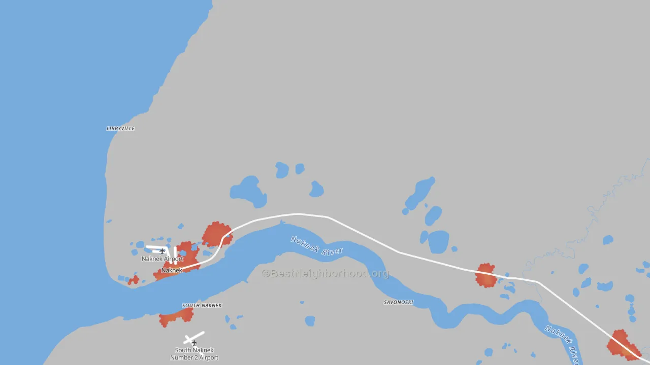 Walk Grade map of Naknek, AK, walkable areas in green and car-dependent areas in red