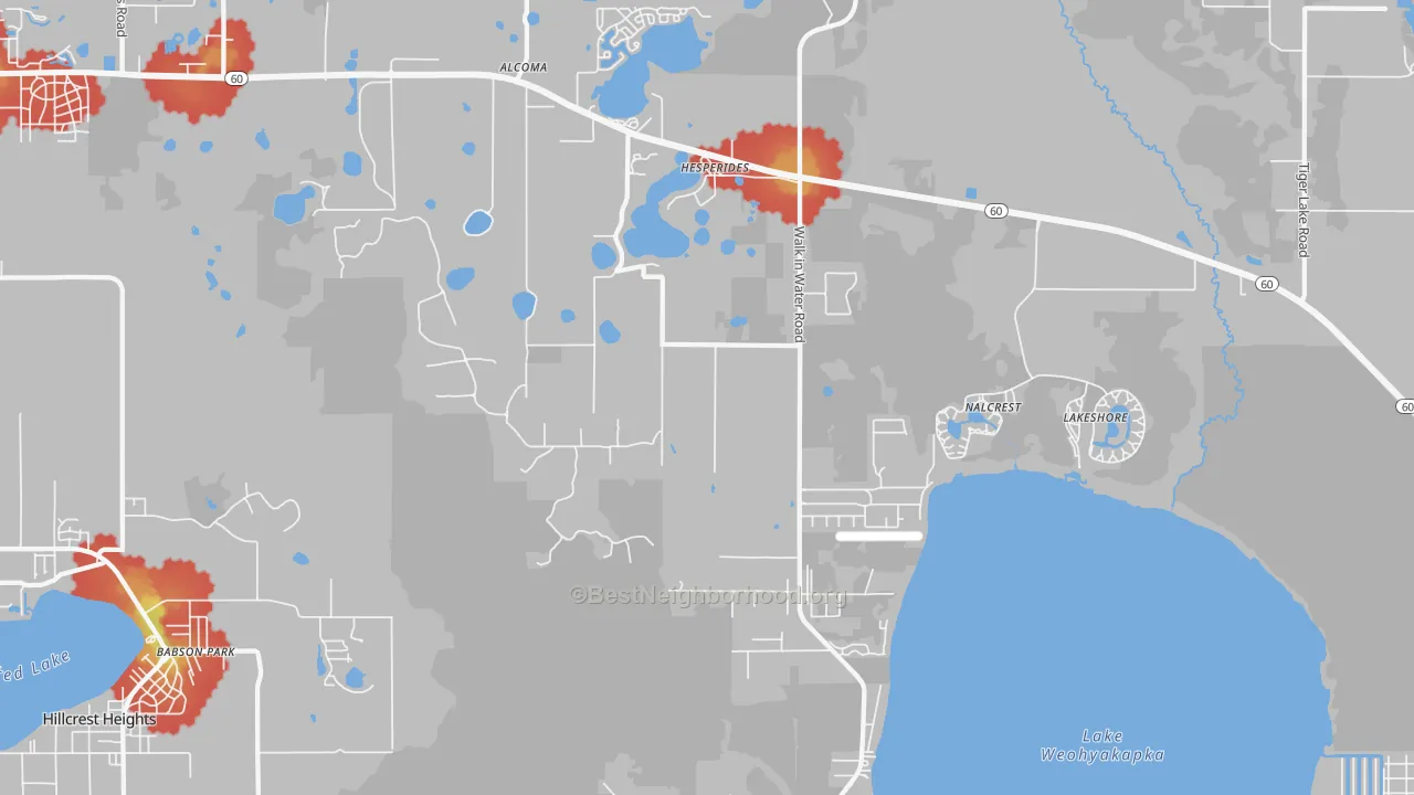 Walk Grade map of Nalcrest, FL, walkable areas in green and car-dependent areas in red