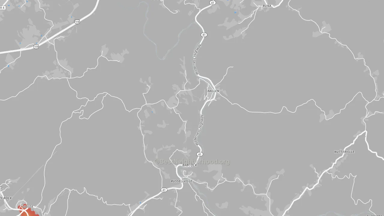 Walk Grade map of Nallen, WV, walkable areas in green and car-dependent areas in red