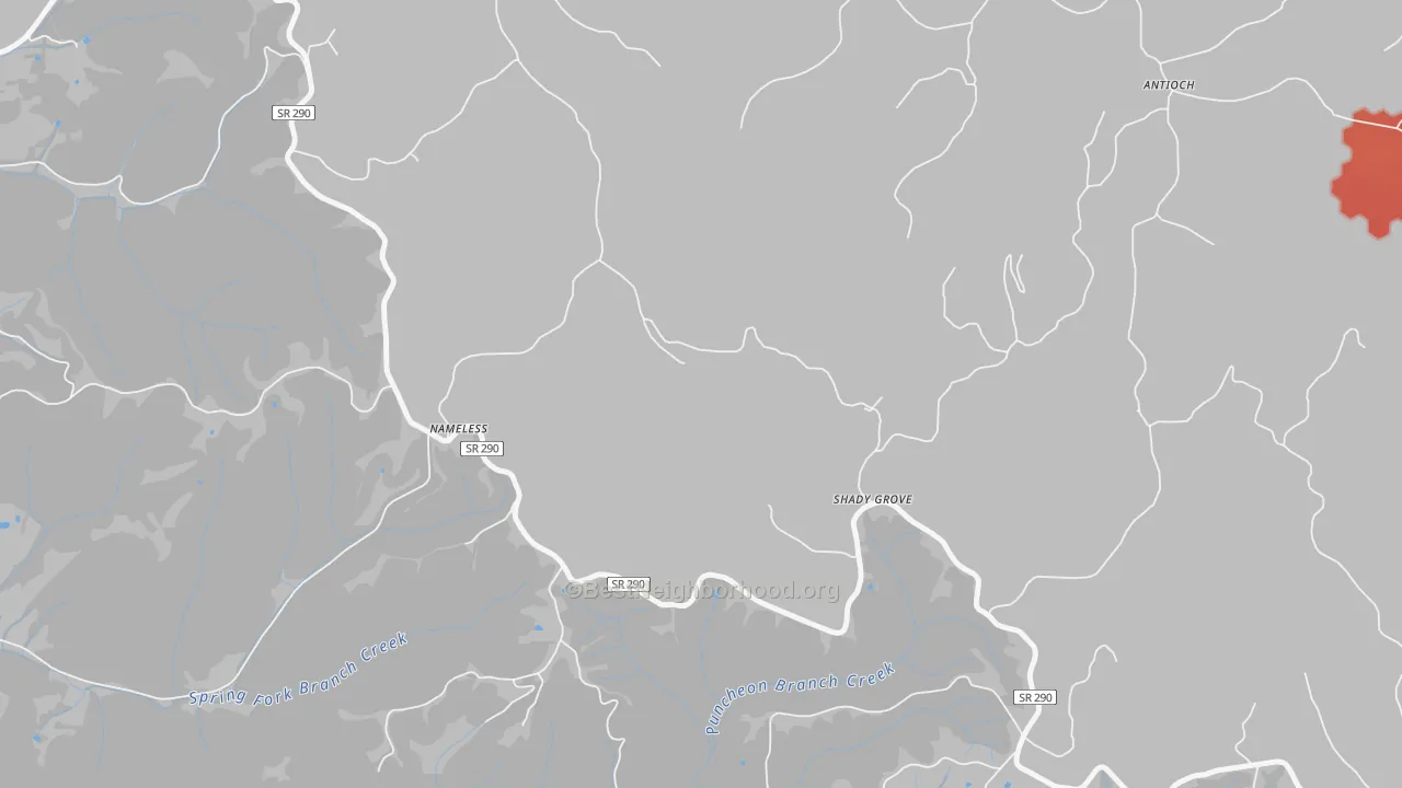 Walk Grade map of Nameless, TN, walkable areas in green and car-dependent areas in red