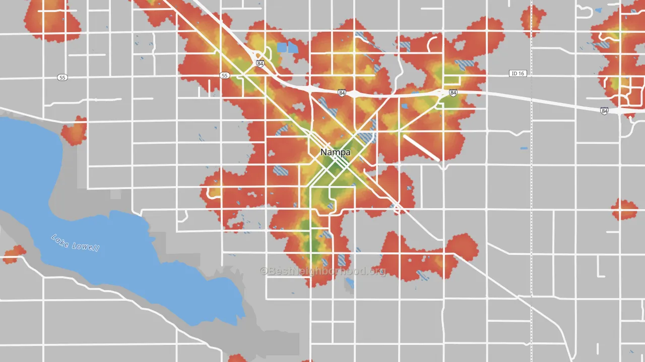 Walk Grade map of Nampa, ID, walkable areas in green and car-dependent areas in red