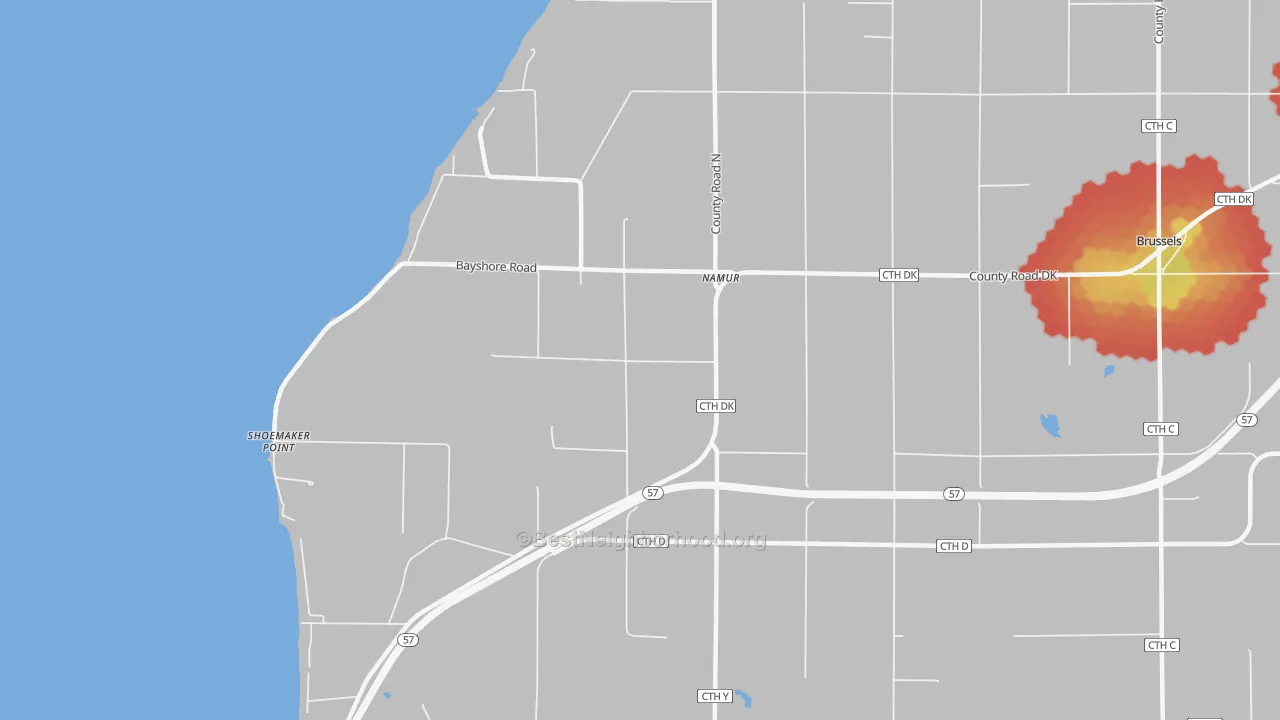 Walk Grade map of Namur, WI, walkable areas in green and car-dependent areas in red