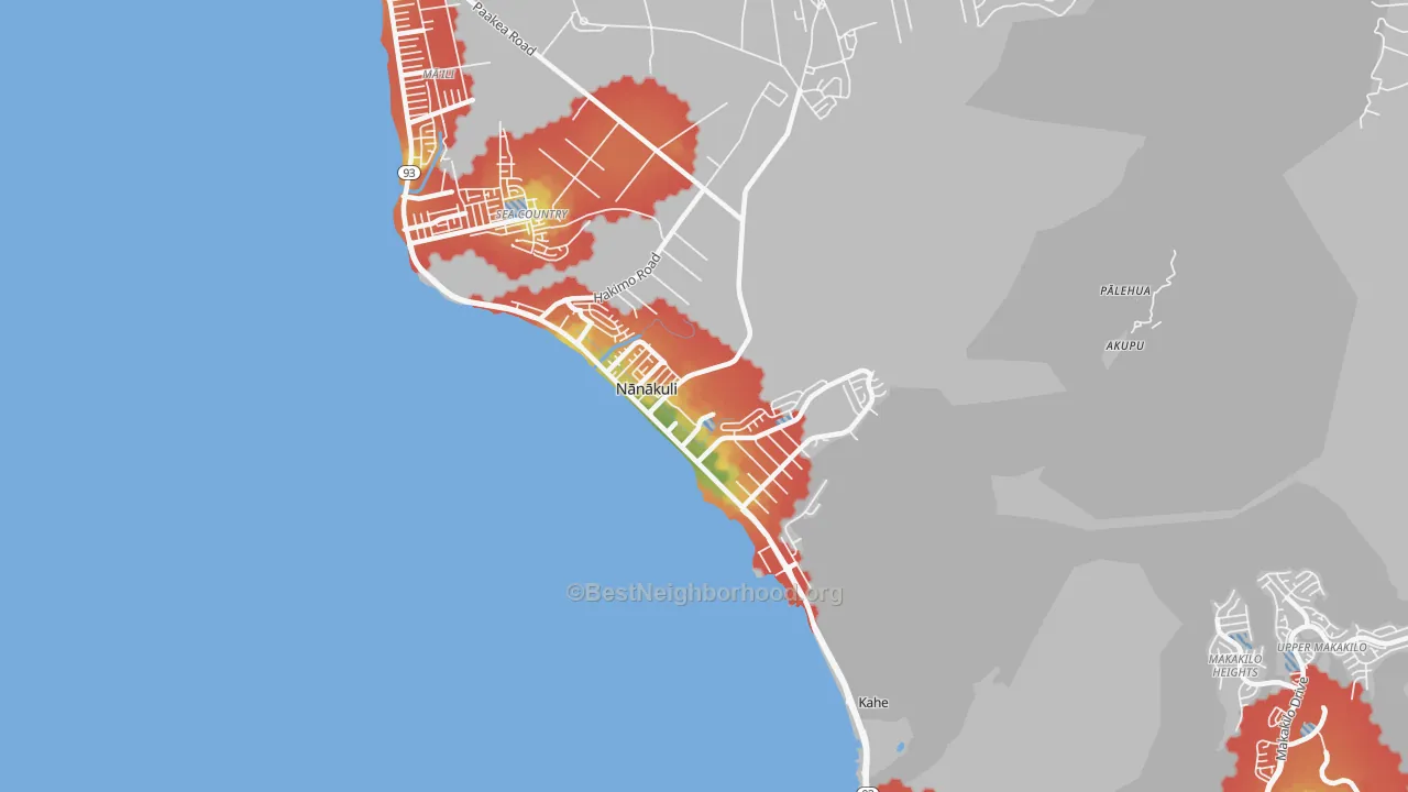 Walk Grade map of Nanakuli, HI, walkable areas in green and car-dependent areas in red