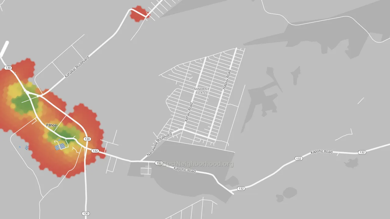 Walk Grade map of Nanawale Estates, HI, walkable areas in green and car-dependent areas in red