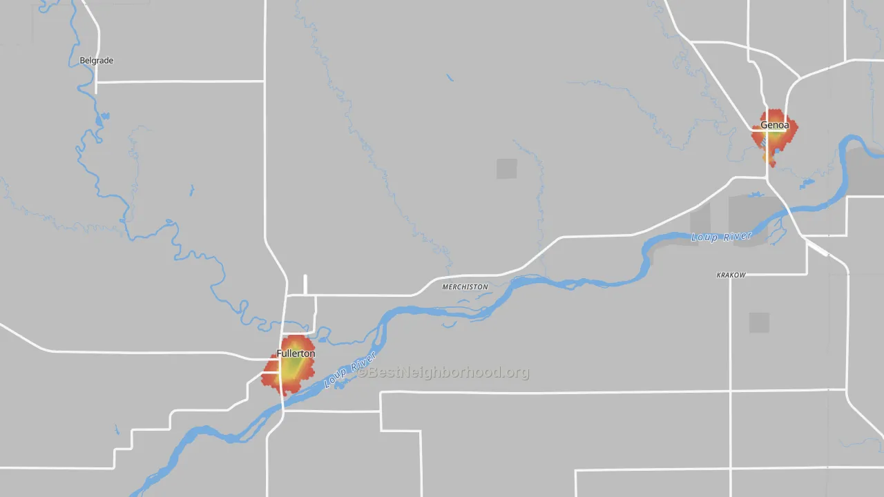 Walk Grade map of Nance County, NE, walkable areas in green and car-dependent areas in red