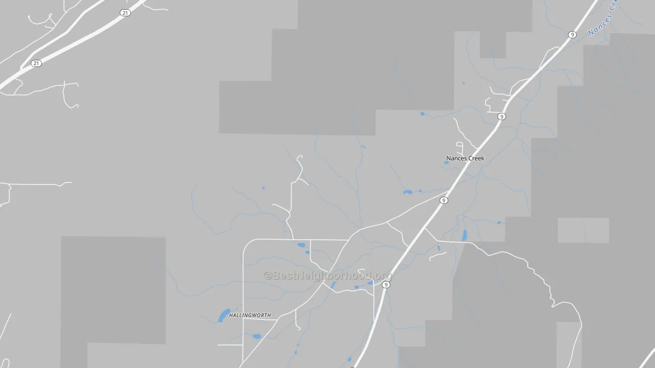 Walk Grade map of Nances Creek, AL, walkable areas in green and car-dependent areas in red
