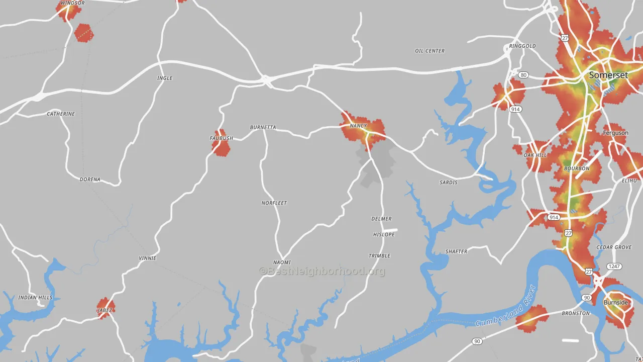 Walk Grade map of Nancy, KY, walkable areas in green and car-dependent areas in red
